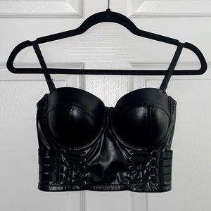 SHEIN Grommet Crisscross Hook and Eye Bustier PU Leather Cami Top, Black